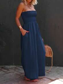 Womens Strapless Smocked Wide Leg Jumpsuit Sleeveless Casual Summer Chiffon Romper With Pockets - Màu xanh hải quân - Xem 1