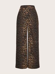 Da Jade French Leopard Print High Waist Wide Leg Trousers With Side Pockets City Stroll Night Out Shopping Gathering Eye‑Catching Versatile Statement - Brown - View 5