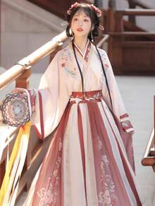 2025 オリジナル本物の魏晋漢服婦人服中国風クロスネック腰丈ルースカートスーツ日常古代衣装ドレス赤、スカイブルー、ライトグリーンオプションの春と秋の漢要素衣装 - レッド - チェックする 10