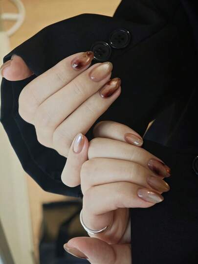 10 件椭圆形琥珀猫眼手工按压指甲，咖啡色晕染，玻璃珠猫眼和极光设计，适合日常和节日佩戴，可重复使用，适合女士和女孩，可爱的按压指甲