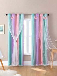 1/2/3/7pcs Children's Room Curtains, Gradient Rainbow Tulle Red Double-Layer Skull Star Pattern Curtains, Girls Bedroom Decor Curtains, Children's Room Rainbow Blackout Curtains, Purple, Suitable For Little Girls Room, Pink Unicorn Wall Sticker Curtains, Green, 52 Inches Long, 63 Inches High, Single Panel, Suitable For Girls Room Decor, Nursery Decor, Bedroom Decor, Room Decor - Green Purple Powder - View 2