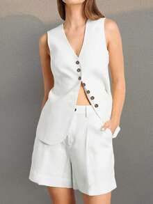 女士休闲无袖上衣短裤套装，时尚通勤背心短裤套装，春夏款