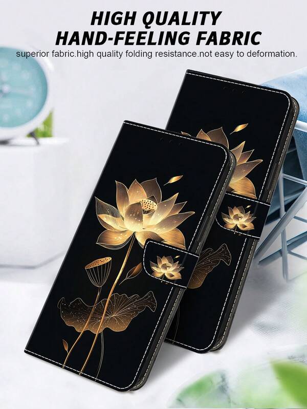 GLANDOTU Black & Gold Lotus Pattern PU Leather Flip Cover Phone Case With Card Slot, Kickstand, Magnetic Wallet Style For Galaxy, Apple, Redmi,