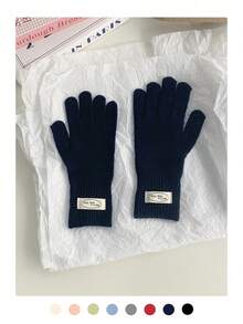 纯色标签针织手套，女士秋冬露指触屏五指防风保暖手套，女士多功能加厚针织手套，骑行保暖