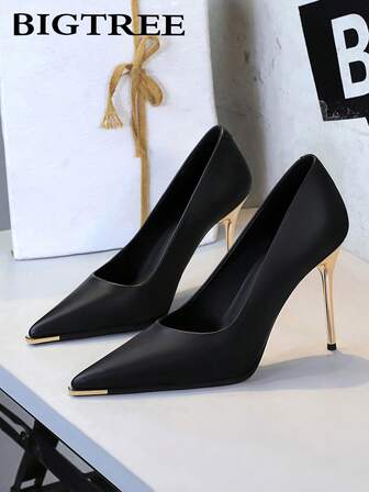 Tacones altos de charol con puntera metálica puntiaguda, versátiles y sexys, para mujer para fiestas