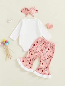 Conjunto de 3 piezas para bebé niña con bonito mono de manga larga con letras dulces, pantalones acampanados con forma de corazón y diadema - Blanco - Ver 7
