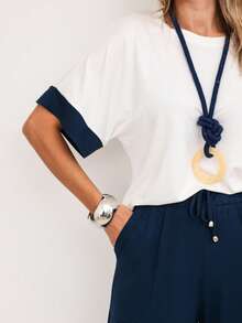 Women's Set, Wide Leg Pants, Two-Tone Sleeve Blouse, Loose, Elegant - 藏蓝色 - 查看 3