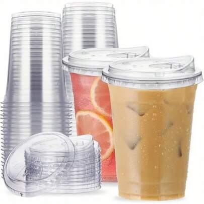 50/40/30/20/10pcs Transparent Plastic Cups With Lids, Disposable Iced Coffee, Smoothie, Juice, Bubble Tea Cups, Suitable For Parties And Desserts, Great For Christmas, Valentine's Day, Halloween, Thanksgiving, Party Essential | With Lids | Durable Plastic
