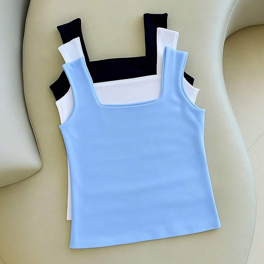 Kit Of 3 Women's Blouses, Square Neckline, Straight, Casual Tank Top, Black, White, Nude - Xanh-Trắng-Đen - Xem 1