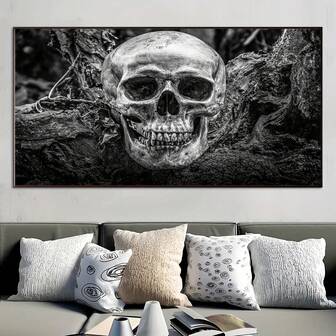 1 pieza Póster de lienzo con calavera sin marco, pintura moderna en blanco y negro, arte de pared de lienzo impermeable y sin olor, pintura artística para regalo de cumpleaños, dormitorio, oficina, sala de estar, decoración de pared de Halloween, decoración del hogar y la residencia estudiantil