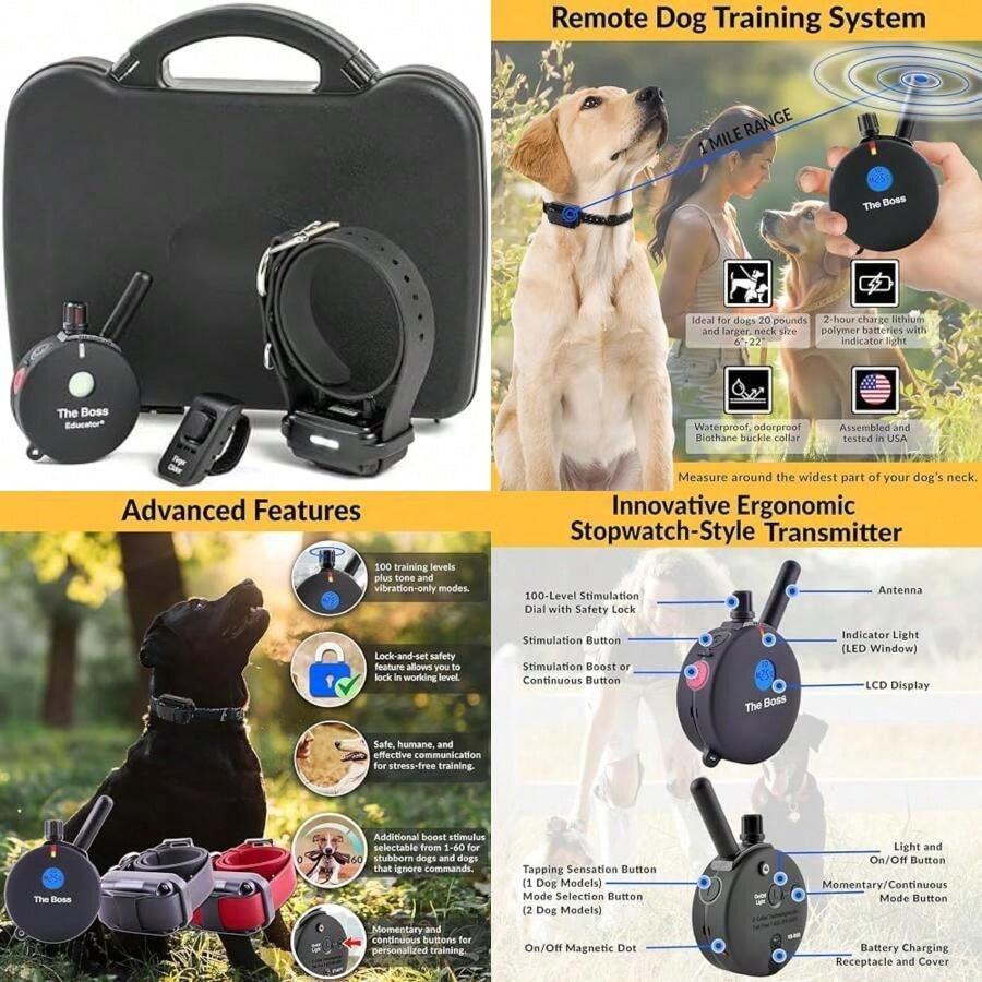Educator Collar de entrenamiento para perros, control remoto, 100 niveles de estimulación, sensación de golpeo, luz nocturna, impermeable, recargable, 1 milla, negro(Negro 1 Mile 1 Dog) - Tipo 8 - Ver 1