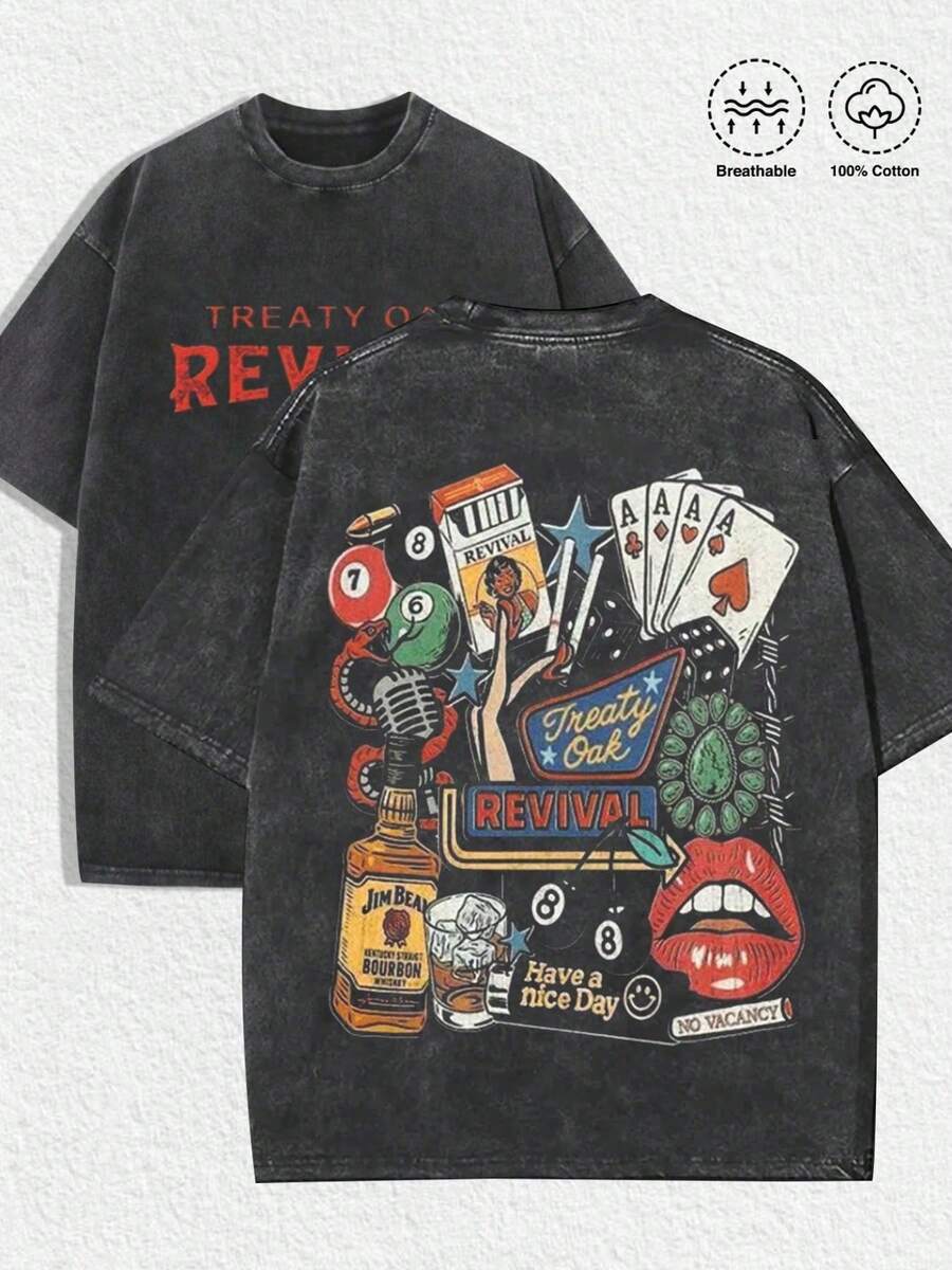 1 PCS Entertainment "Treaty Oak Revival" Graphic Tee: Featuring Distressed Vintage Finish, Front Bold "TREATY O REV" Letter Print, Back Artistic Collage Of Retro Entertainment Elements (Playing Cards, Billiards, Jim Beam Bourbon Bottle, Microphone, "Have A Nice Day" Accent), Crafted From Breathable 100% Cotton, Perfect For Infusing Nostalgic - 黑色 - 查看 1