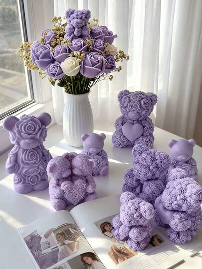 1pc Rose Bear Candle Mold DIY Rose Flower Handmade Fragrance Diffuser Stone Gypsum Decorative Piece Mold, Mold, Ceramic Gypsum Candle Making Set, For Wedding Decoration, Candlelight Dinner Decoration, Handmade Valentine's Day Birthday Gift, DIY, Clay Tools, Handicrafts, Couple Items