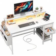 EnHomee 40" Home Office Desk With Power Outlets & LED Strip And Monitor Stand Computer Desk With Drawers & Storage Bag For Small Space,White - Xem 4