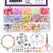 681Pcs 12 Colors 8mm Glass Jade Beads Bracelet Making Kit Includes Pendants Charms Spacer Beads Elastic Strings Scissors For DIY Necklace Beginners Girls' Birthday Gift