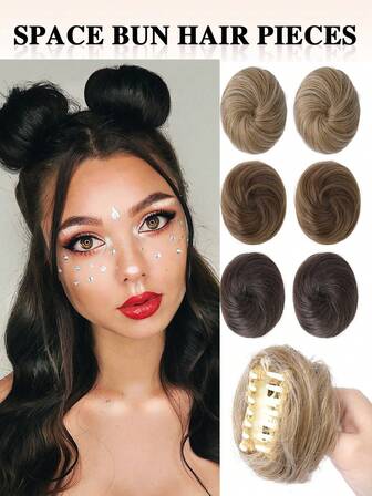 太空发髻假发 1 件/2 件 女士假发髻自然小爪夹发髻接发适用于婚礼角色扮演日常派对（深棕色趋向黑色）