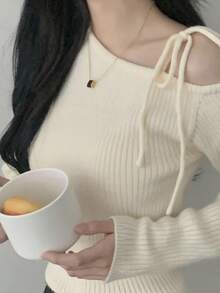 露肩不对称露肩系带蝴蝶结设计百搭针织毛衣，女士 - 米色 - 查看 4