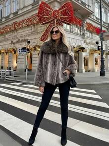 女式仿皮草优雅休闲夹克，秋冬 - 淺灰色 - 查看 6
