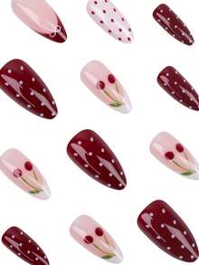 Mejora instantáneamente tu apariencia con el kit de 24 uñas postizas elegantes, sencillas y dulces de estilo casual con diseños de lunares blancos y rojos, lazos blancos, y patrones de cerezas burdeos y blancos. Adecuado para chicas y mujeres que les gusta el estilo minimalista para usar en la vida diaria y de compras, haciéndote talla grande encantadora y dulce.