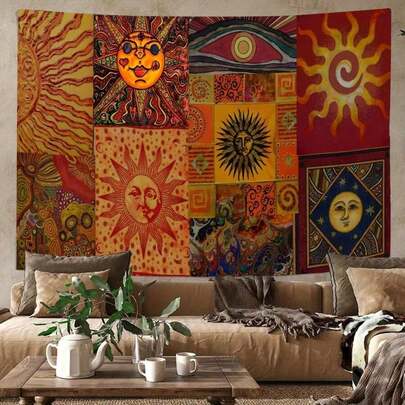 Boho Sun Tapestry Color Face Wall Hanging Tapestry For Bedroom Living Room Dorm Party Decor 90g Washable Large Polyester Tapestries 79x58 Inch Gift For Women Friends, Home Decor, Room Decor, Flags For Room, Room Stuffs, Wall Tapestry