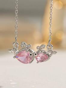1pc Adjustable Necklace With Cute Shiny Pink Goldfish & Clownfish Pendant