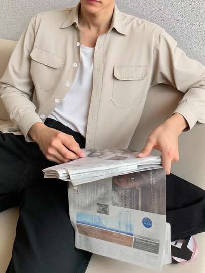 Men's Outdoor Shirt, Utility Shirt Long Sleeve With Large Pockets, Casual Khaki Minimalist Fashion Men's Shirt