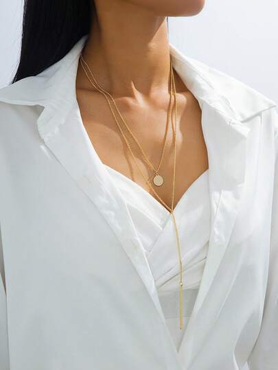 Collar largo en forma de Y con colgante redondo personalizado y cadena simple de moda para mujer - Sin caja de regalo