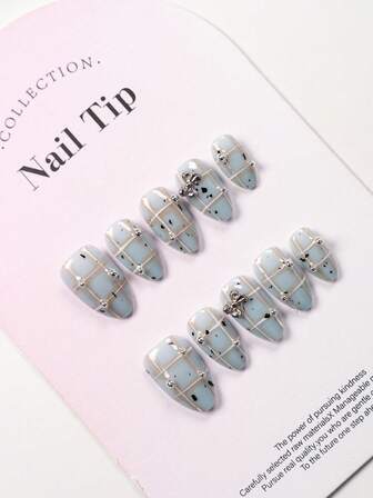 Unique Design, 10 Press On Nails, Light Blue, Striped Checkered White K Bow Three-Dimensional Pearl, Short, Almond Shaped Press On Nails, Perfect As A Gift For Girls And Women For Daily Wear In Spring And Summer And Holiday Parties