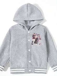 Girls Baseball Jacket Single Piece Witch Squad Print Color Block Varsity Style Fall Winter Sport Coat Casual Fashion - Grey - View 4