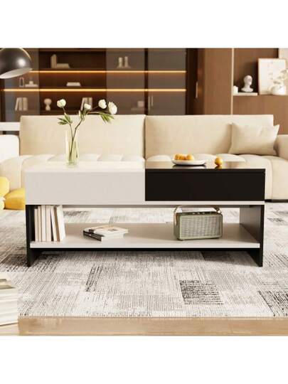 Moderne Coffee Tafel Drawers Zwart Wit Storage Space, High Gloss Tabletop, 100 Cm Long view 4