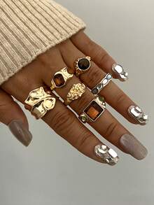 6pcs/Set Vintage Geometric Floral Gemstone Bling Asymmetrical Textured Faux Tiger Eye Exaggerated Wide Band Rings Set, Suitable For Holiday, Party, Date, Gift, Daily Wear