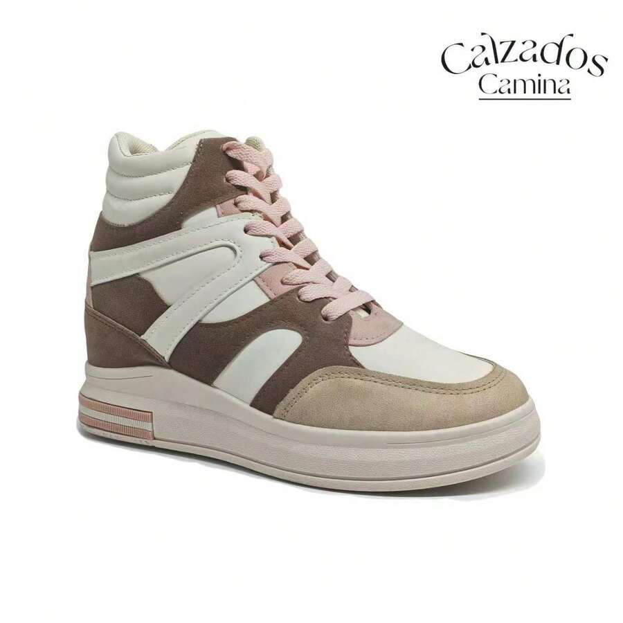 Tênis feminino cano alto com design color-block, estilo urbano e moderno, perfeito para looks casuais ou esportivos - Rosa - Ver 1