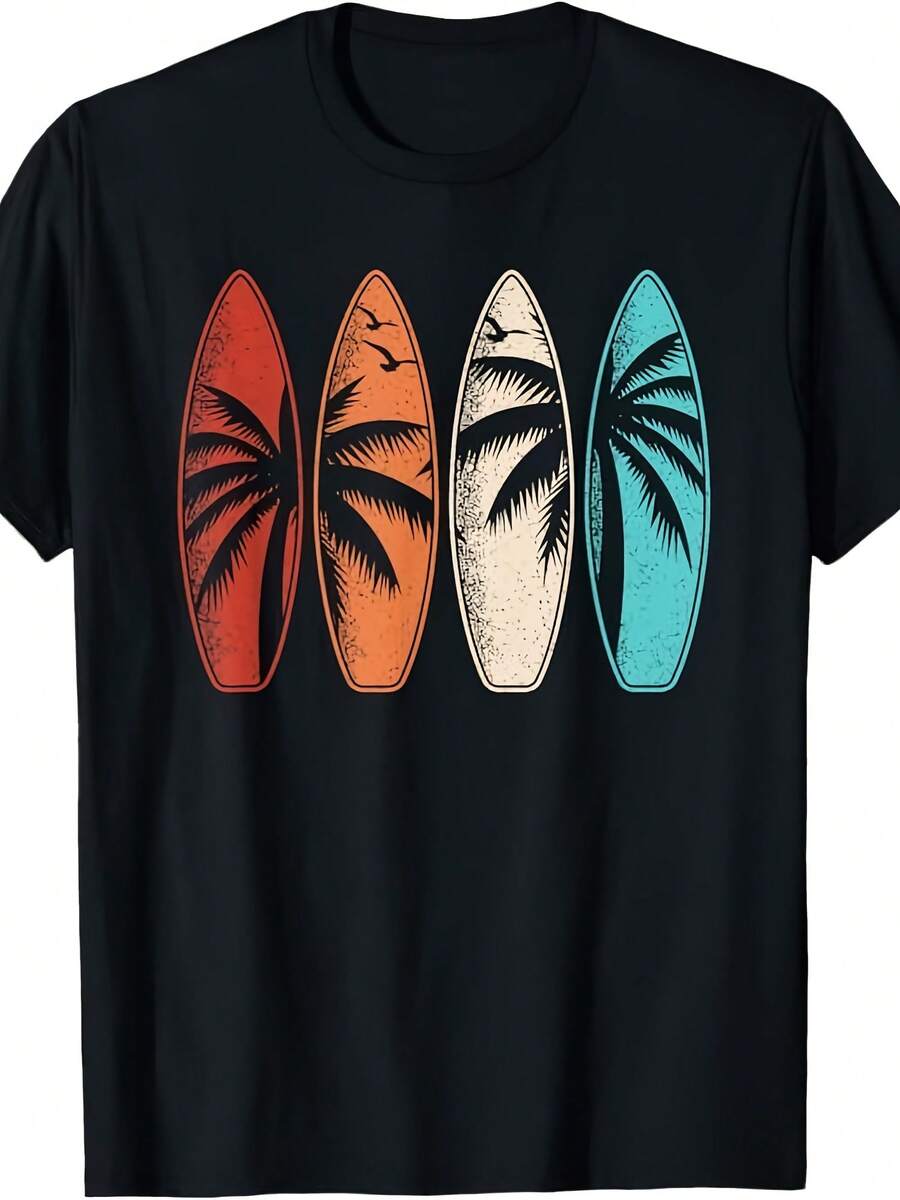 Camiseta retro de surf con árbol de palma tropical, playa y tabla de surf de Hawaii - Estilo 1 - Ver 1
