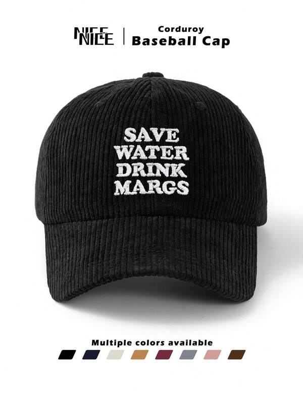 1 pièce Casquette de baseball en velours côtelé pour hommes/femmes avec texte brodé "SAVE WATER DRINK", casquette de baseball vintage à dessus doux, épaisse pour l'automne/l'hiver en extérieur, taille réglable convenant pour les trajets, les activités extérieures, les voyages, les sports, le golf, la pêche