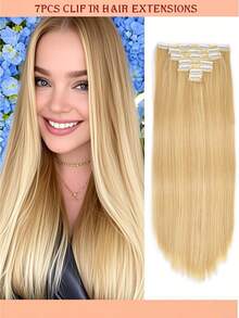 Extensii de păr sintetice lungi și drepte cu clips, 22 inch, 16 clipsuri, 220 g, clipsuri în perucă pentru temperaturi ridicate, pentru femei - Multicolor - Vizualizare 14