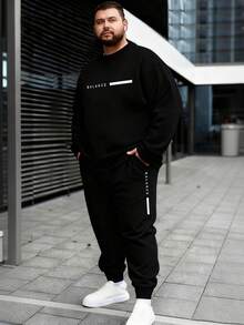 AnChiStreetwear - 大码男士时尚简约平衡标语英文几何图案休闲圆领套头卫衣和裤子套装，适合街头服饰、户外运动和日常穿着。 - 彩色 - 查看 2