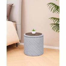 16.9 Inch Foldable Black Round Ottoman With Hidden Storage, Soft Faux Teddy Fur Footrest Side Table, Living Room, Bedroom