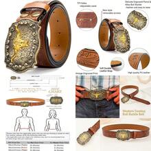 Western Cowboy-Belts For Men Big-Buckle Longhorn-Bull PU-Leather Rodeo Cowgirl-Belt Engraved Floral - Waist 25-38" - Browncarvedbull - 查看 1