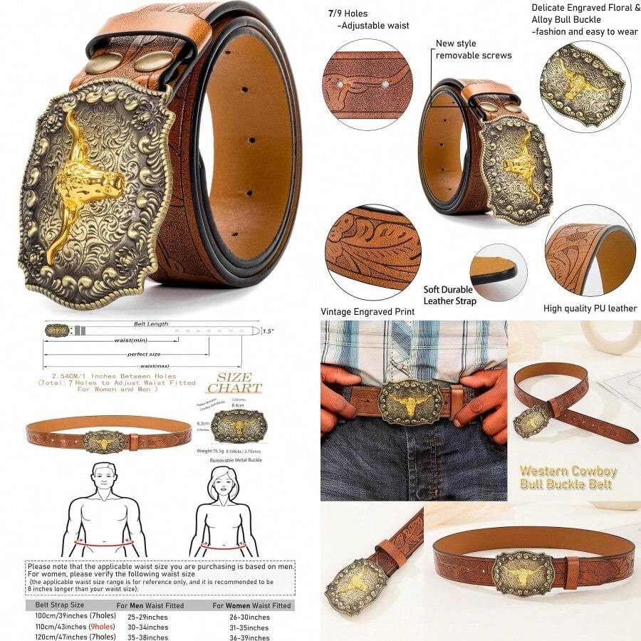 Western Cowboy-Belts For Men Big-Buckle Longhorn-Bull PU-Leather Rodeo Cowgirl-Belt Engraved Floral - Waist 25-38" - Browncarvedbull - 查看 1