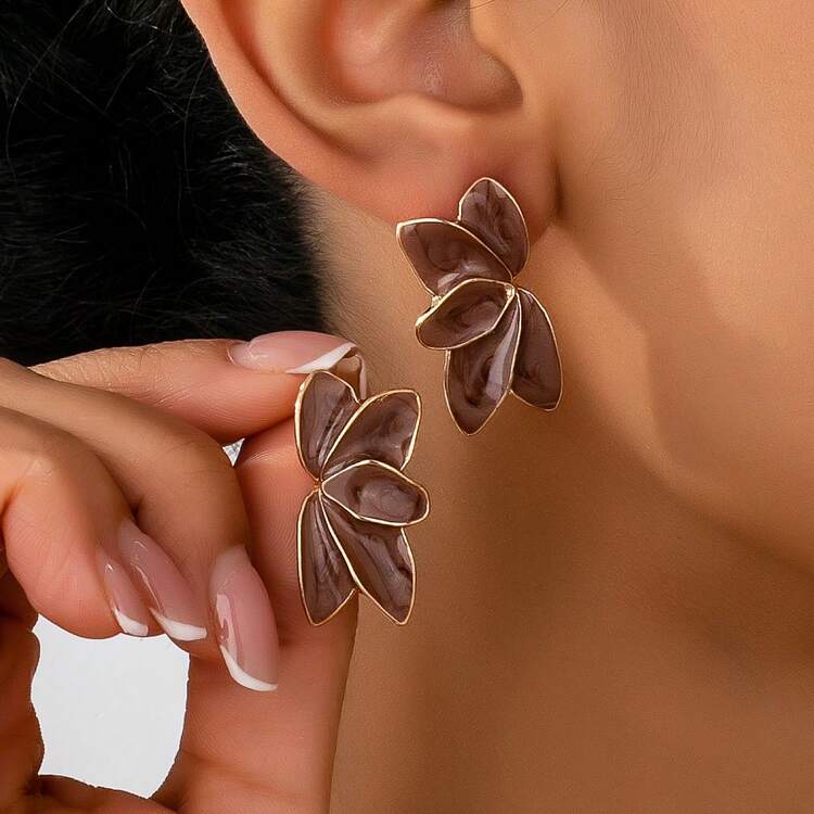 1 par de pendientes de botón con flor de esmalte de aleación de moda y sencillos - Marrón Chocolate - Ver 6