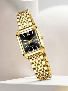 6件套女士金色钢条休闲优雅条形刻度小方表盘石英表手链项链耳环戒指首饰套装，适合日常佩戴装饰或作为节日礼物 - 金色 - 查看 2