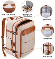 UKEIN 5PCS Travel Backpack Carry On Backpack 42L Flight Approved, Expandable Laptop Backpack With Packing Cubes & Shoe Pocket, Water Resistant Luggage Backpack For Men Women, TSA Approved, Large Backpack - 米色 - 查看 4