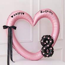 儿童女宝宝生日派对气球装饰粉色爱心相框成长记录道具蝴蝶结数字摆设 - 粉色 - 查看 11