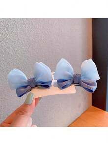 2pcs Girls' Bowknot Hairclips, Fresh Chiffon Headwear (Slight Color Difference May Occur Due To Fabric Batch Variation, Which Is Normal) - Blue - View 4