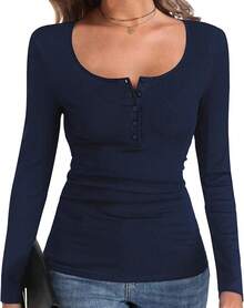 Long Sleeve Shirts For Women Henley Fall Ribbed Button Tops Slim Fit Winter Spring Cute Casual Basic Blouse TeesHalloween Christmas New Year - Màu xanh đậm - Xem 1