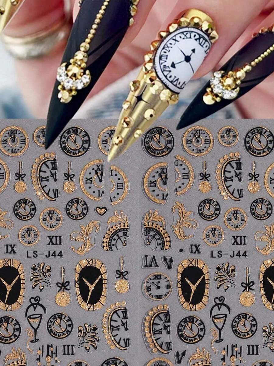 2 Peças de Adesivos de Arte de Unhas com Relógio Dourado - Design de Arte DIY para Carimbar a Quente Relógios, Fogos de Artifício e Taças de Vinho para Inverno, Natal e Ano Novo, Adequado para o Dia a Dia, Casamentos e Feriados das Mulheres. Adesivos de Arte de Unhas Descartáveis com Tema Cartoon e Fofo, Fáceis de Colar, Decoração de Salão de Beleza - Multicolorido - Visão 1
