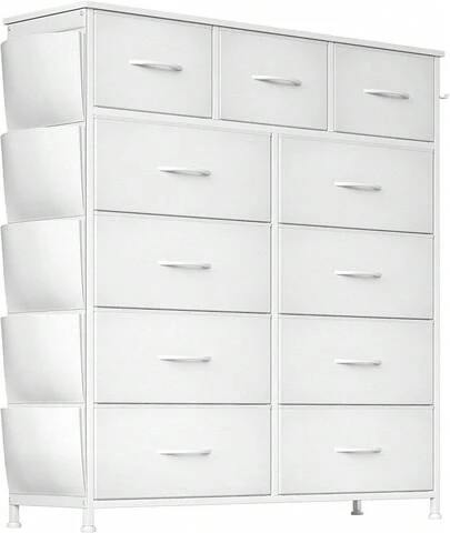 BURN Cómoda para Dormitorio con 12 Cajones, 5 Bolsillos Laterales y 2 Ganchos, Organizador de Cajones con Estructura Metálica y Tapa de Madera para Armario, Dormitorio o Sala de Estar(Blanco)