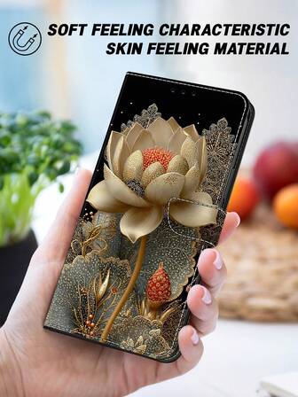 GLANDOTU Suitable For Galaxy, Apple, Redmi, And PU Leather Flip Phone Case Luxury Gold Lotus Pattern With Card Slots And Stand Magnetic Wallet-Style Leather Case