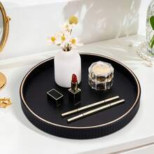 Gold-Edged PU Leather Round Storage Tray With Vertical Stripes, For Holding Small Items/Cosmetics. Luxury Aesthetics, 3 Colors Interpret The Exquisite Life, Room Decor - Multicolor - View 10