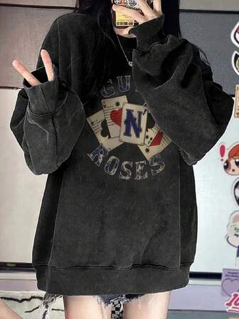 Women's Y2K Loose Cotton Comfortable Washed Black Hip Hop American Contrast Color Cool Graffiti Letter Poker Print Casual Vacation Home Street Chic Student Sweatshirt